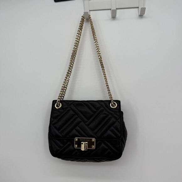 Michael Kors Peyton Medium Black Quilted Shoulder Bag Designer Gold - Picture 1 of 15
